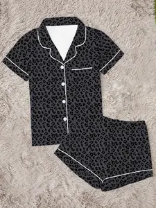 Leopard Print Women's Pajama Set, Comfortable Everyday Two-Piece Sleepwear Loungewear, Short Sleeve Button-Up Top and Elastic Shorts, Casual Home Wear Pjs Pyjamas