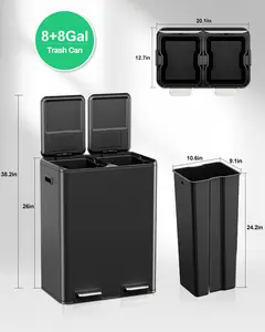 16 Gal Dual Kitchen Trash Can, Stainless Steel Garbage Bin, Recycle Waste Dustbin, w/2 Built-in Box for Odor Control, Soft-Close Lid,2 Buckets, Foot Pedal, Side Handle, for Home Office
