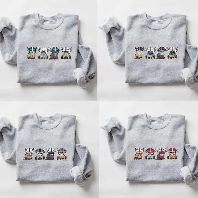 Vintage 90s All Team Football Highland Cow Sweatshirt, 1960s Game Day Shirt, Unisex Football Fan Gift Sweater Ash Grey For Women - Menswear, TSL9756