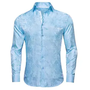 Light Blue Top Long Sleeves Shirt Sky-blue Paisley Men's Button Up Shirt for Wedding Collar Casual Classic Fabric Menswear Men's Formal