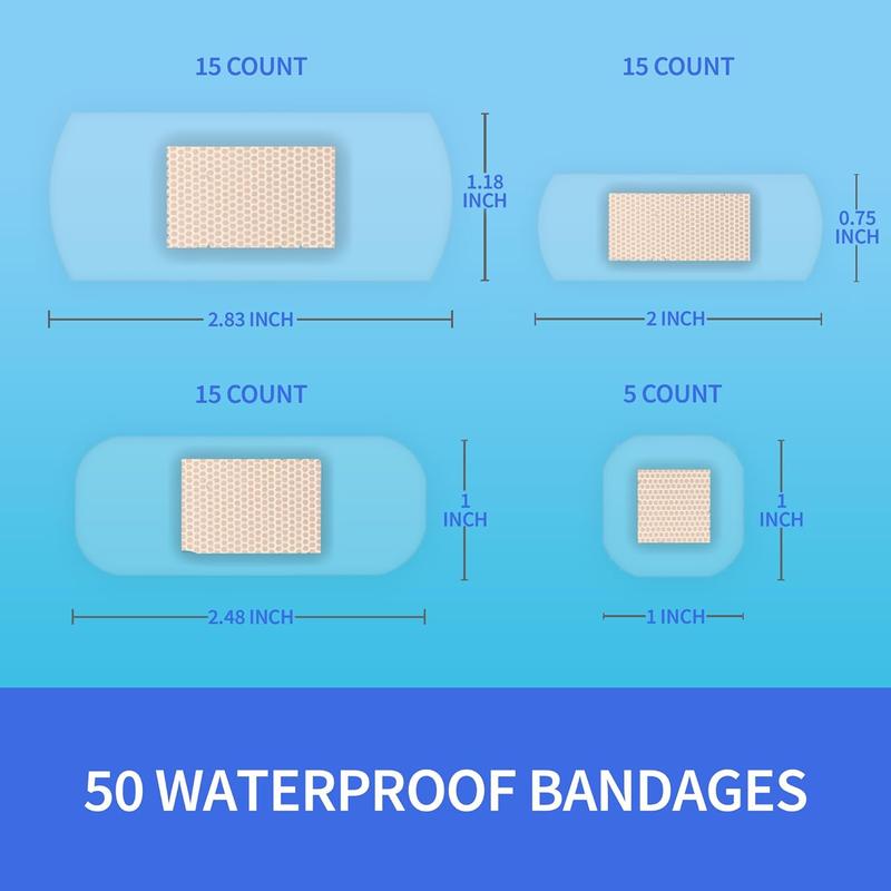 Ourmed Waterproof Bandages, Clear Adhesive Bandages for First-Aid, Wound Care, Fingers, Knees and Heels, Stays on Skin in The Bath, Shower or Pool, Assorted Sizes, 100 Count
