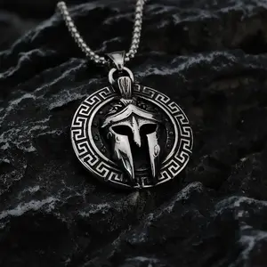 Men's Titanium Steel Long Bead Necklace with Handmade European-American Vintage Spartan Viking Mask Warrior Helmet Pendant, Fashion Trend Accessory, Ideal for Birthday Gifting