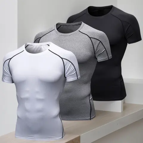 3 Pack Men's Short Sleeve Tee Sport Compression Shirts, Casual Breathable Sweat Absorbent T-shirt for Gym Workout Running, Men's Sportswear for Summer