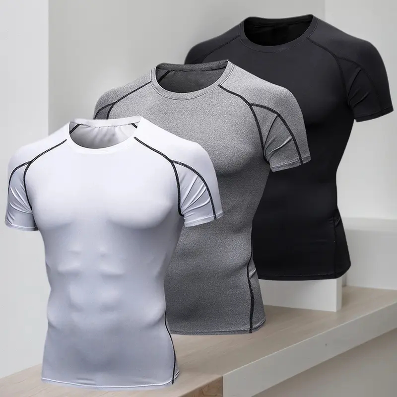 3 Pack Men's Short Sleeve Tee Sport Compression Shirts, Casual Breathable Sweat Absorbent T-shirt for Gym Workout Running, Men's Sportswear for Summer