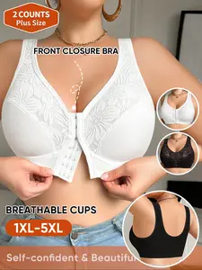 Plus Size Front Buckle Bra Set, 2 Pack Floral Push Up Bras, Medium Support, Breathable Comfort Fit, All Season Wear