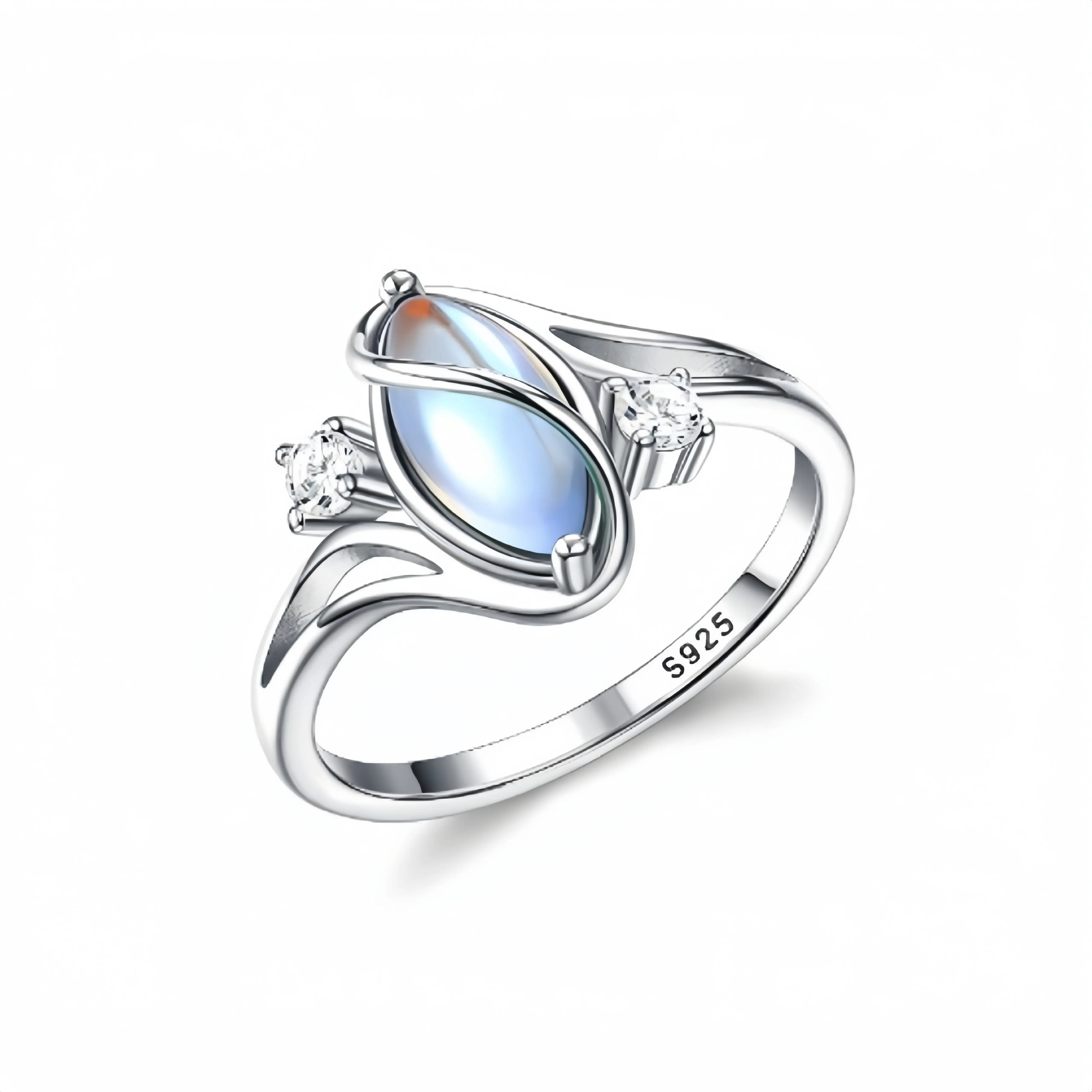 925 Sterling Silver Synthetic Moonstone Ring for Women, Marquise Rainbow Stone with CZ Accents, Elegant Twisted Band, Daily Wear & Party Jewelry, Birthday Christmas Gift for Her