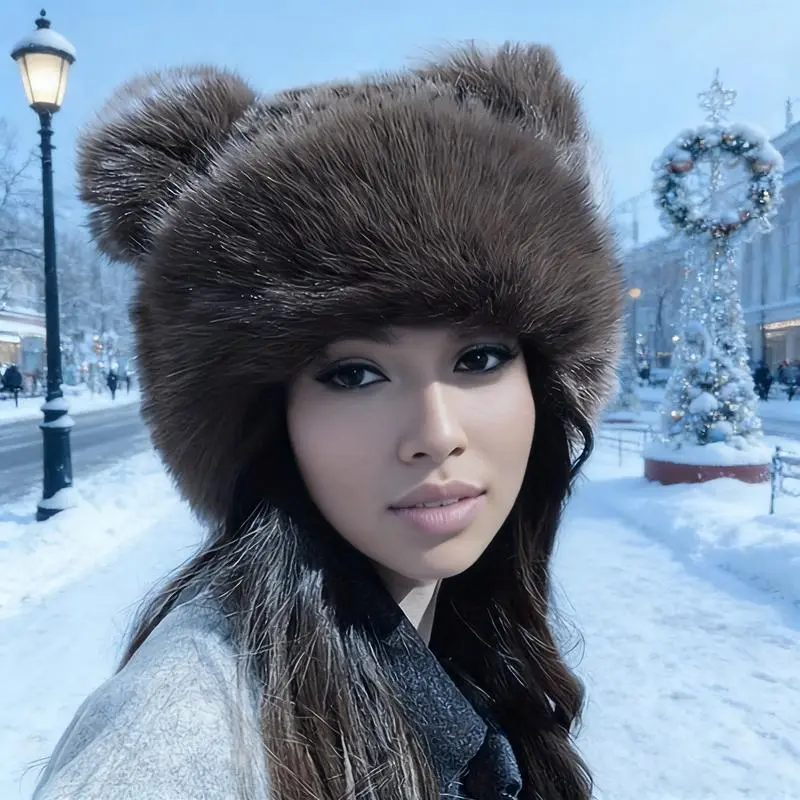 Women's Plush Faux Fur Hat with Bear Ears - Warm Winter Fashion Knit Hat, sGift Idea, Holiday Hat | Stylish Winter Hat | Sewn Construction, Winter Hat