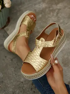 Women's Gold Crocodile Pattern T-Strap Sandals, Elegance Wedge Heel Slip-On Shoes, Casual Summer Footwear for Women