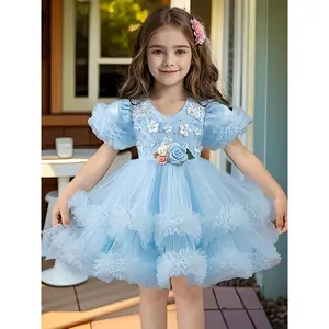 Back-to-School Season Girls' Dress, Short Sleeve Crop Top, 3D Flower and Beaded Design with Puffy Skirt Bridesmaid Graduation Prom Pageant Photography Outfit, Dresses, Junior Bridesmaid Dress, Flowergirl Dress