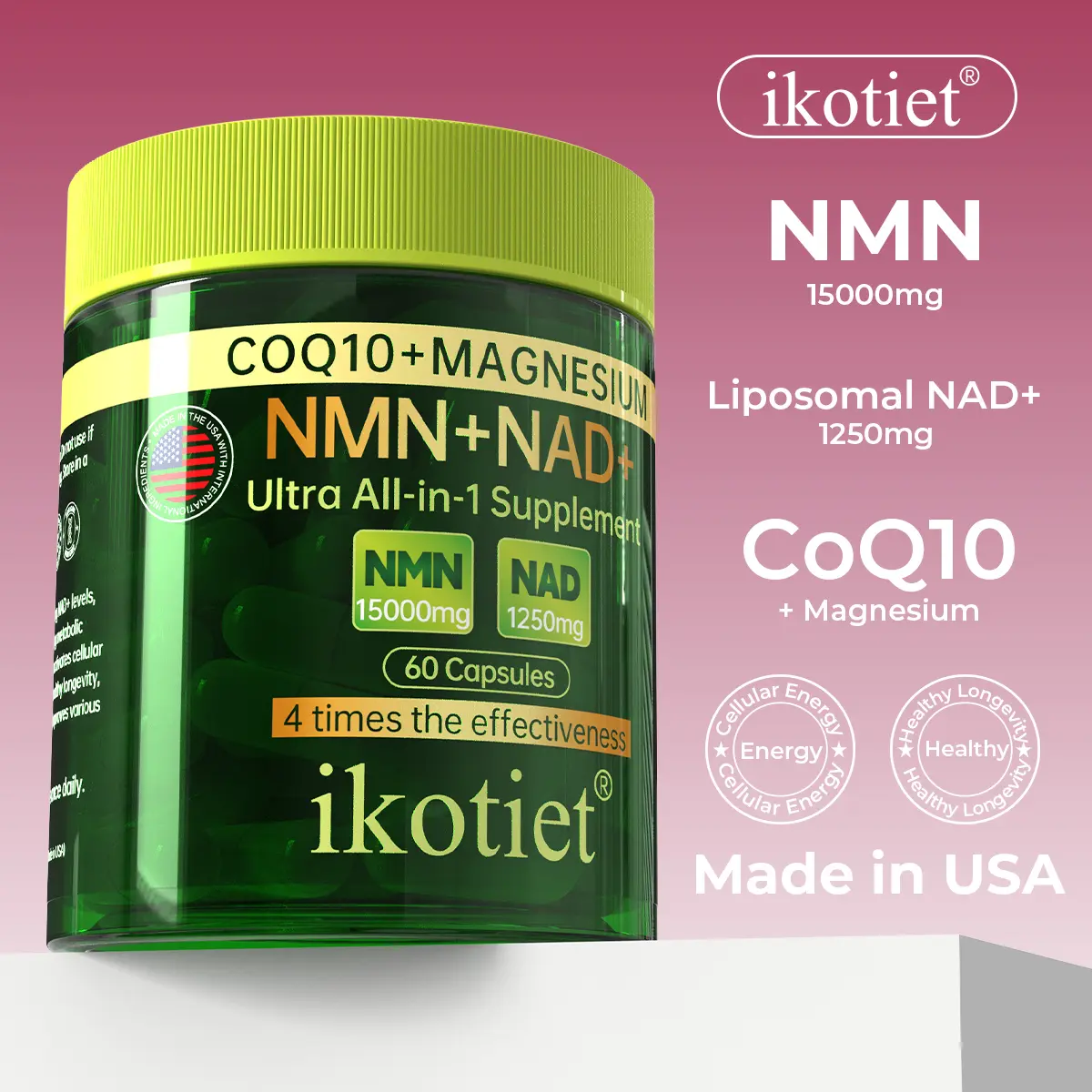 ikotiet 4-in-1 NMN+NAD+ Enhanced Complex Vitamin Dietary Supplement - GMP Certified High Concentration Liposome Antiaging Capsules for Unisex Adults' Cellular Repair, Energy, Metabolism, Sleep Aid - 60 Vegetarian Capsules, 12-Month Shelf Life Support