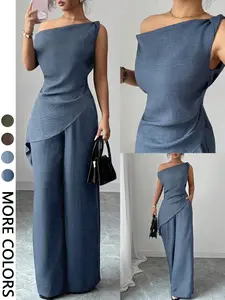 Women's 2-Piece Set, One-Shoulder Blouse with Ruffle, Wide-Leg Pants, Chic Casual Loose-Fit Suit, All Seasons, Plain Pattern