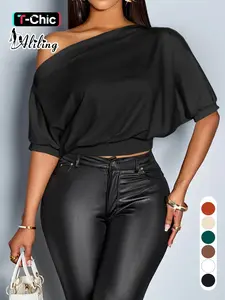 Aliling Elegant Casual Women's Plain Solid Basic Short Sleeve High Waist Fitted T-Shirt, Stylish All Seasons Fashion Top, Slanted Asymmetrical Neck Design