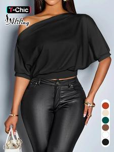 Aliling Elegant Casual Women's Plain Short Sleeve High Waist Fitted T-Shirt, Stylish All Seasons Fashion Top, Slanted Neck Design