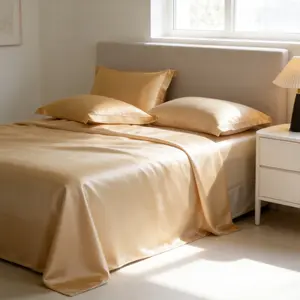 Queen Size 4-Piece Satin Bed Sheets Set - Silky Soft Silk Bedding with Deep-Pocket Fitted Sheet and Pillowcases, Silk Bed Sheets