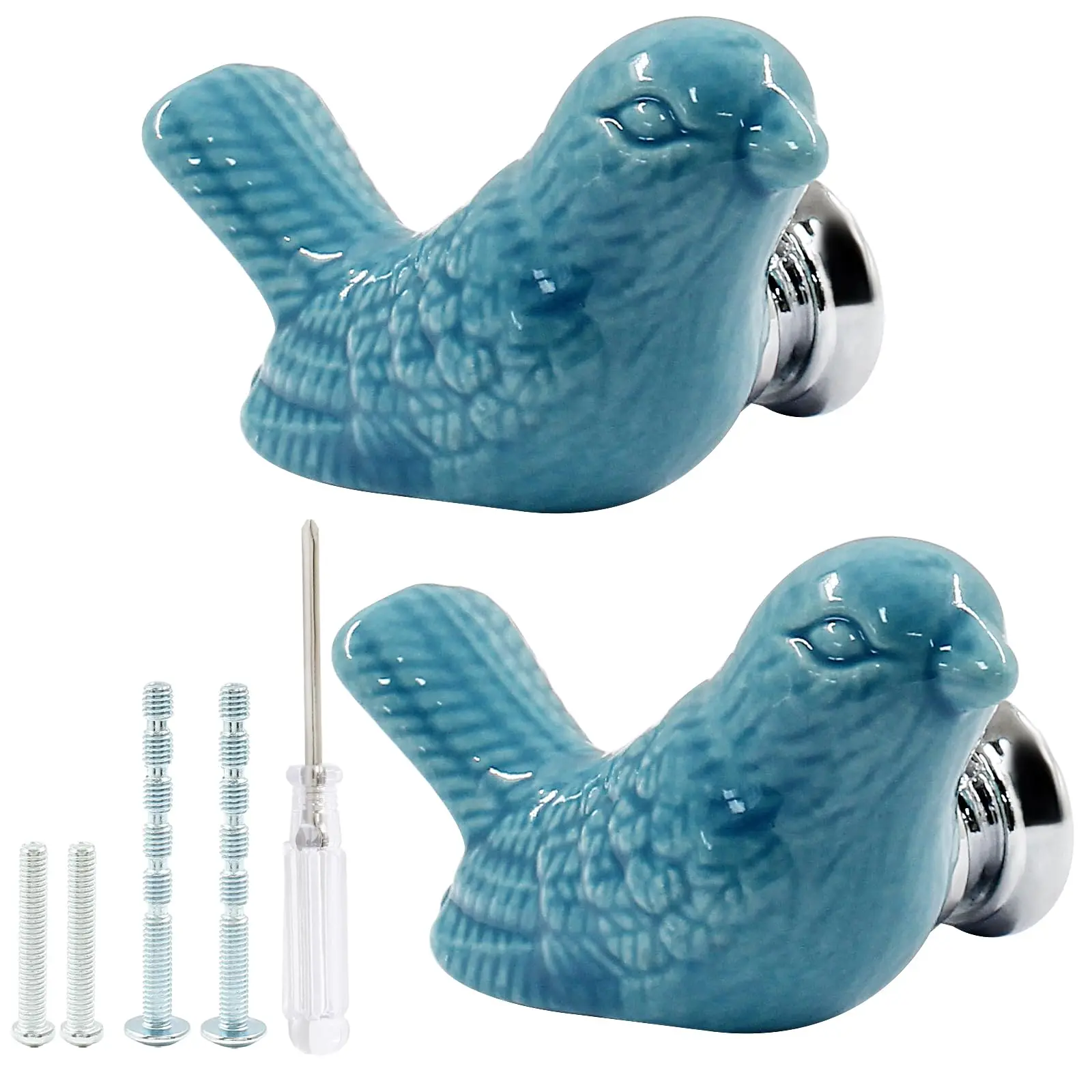 Bird Shape Ceramic Knobs  2 Pack Blue Cute Cabinet Pulls Handles For Dresser Drawer Cupboard With Mounting Screws And