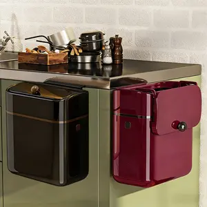 No-Drill Wall Mounted Kitchen Trash Can with Slide/Flip Lid & Odor-Proof Seal, Slim Cabinet Door Hanging Garbage Bin with Adhesive Hooks, Space-Saving No-Bend Trash Bin for Kitchen Food Waste, Bathroom & Small Spaces, Vintage Red/Black