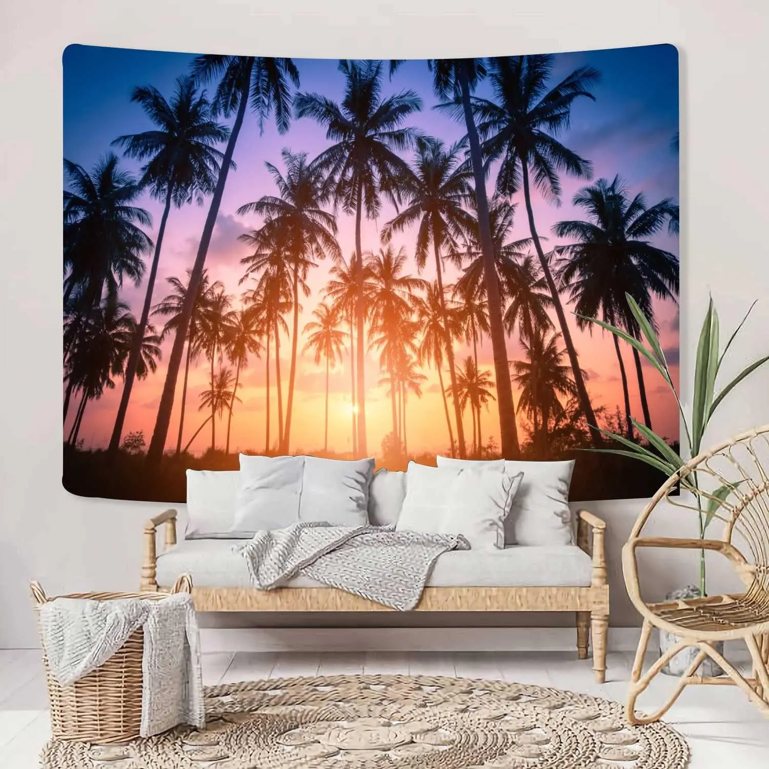 Tropical Beach Tapestry, Sunset Beach Ocean Palm Tree Fantasy Twilight Summer Art Tapestries for Bedroom, Seaside Landscape Art Tapestry Wall Hanging for Living Room Dorm Decor, 60x40