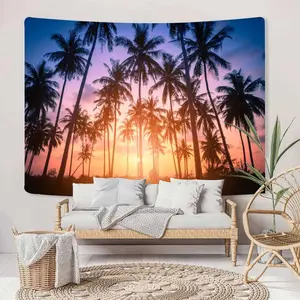 Tropical Beach Tapestry, Sunset Beach Ocean Palm Tree Fantasy Twilight Summer Art Tapestries for Bedroom, Seaside Landscape Art Tapestry Wall Hanging for Living Room Dorm Decor, 60x40