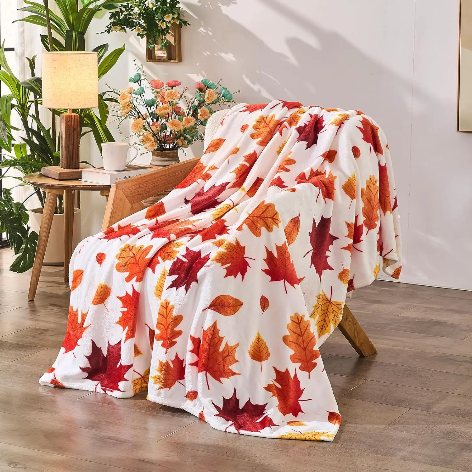 Fall Leaf Print Polyester Throw Blanket, Multi-Size (50"x60" Included), Home Décor for Couch Lounge, Gift for Women Mom, Thanksgiving Halloween Occasions