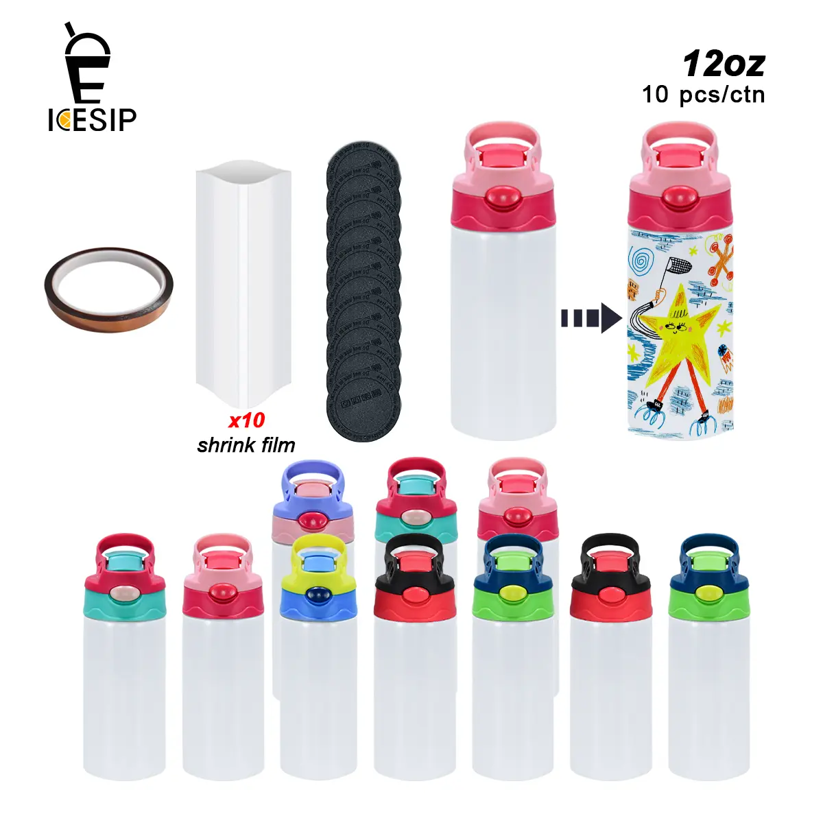 Icesip 10pcs/Ctn 12oz Capacity Glossy Stainless Steel Sublimation Cups, 6-Color Mixed Reusable Portable Tumblers with Handle, Flip Straw Lid, Rubber Bottom, Shrink Wrap & Individual Box for Housewarming