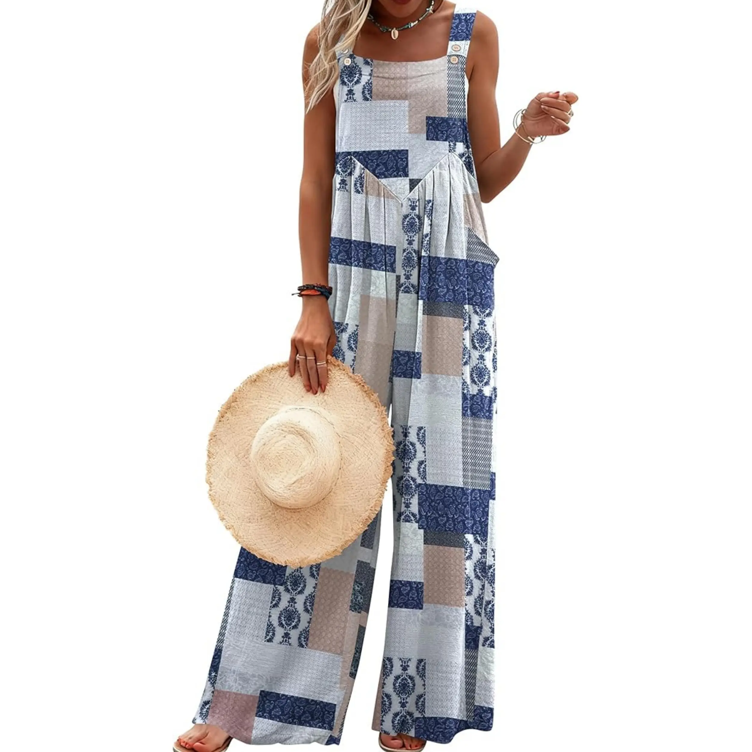 Ekouaer Women's Casual Overalls Loose Wide Leg Jumpsuits Summer Boho Floral Printed Baggy Rompers with Pockets Nightwear