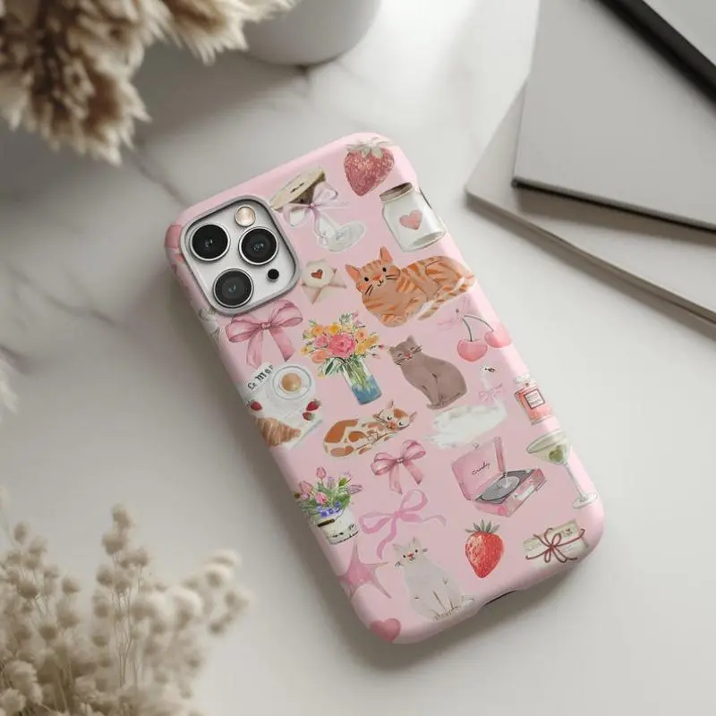 Coquette Bow Cat Collage Phone Case: Cute Floral Pink Aesthetic Suitable for IPhone17 11 12 13 14 15 16 Pro Max Air Plus