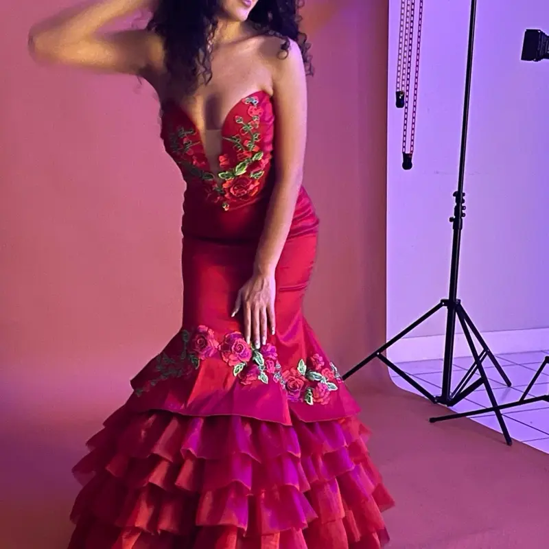 Mexican Dress - Red Strapless Dress with Embroidered Floral Design, Ruffle Skirt, and V-Neckline