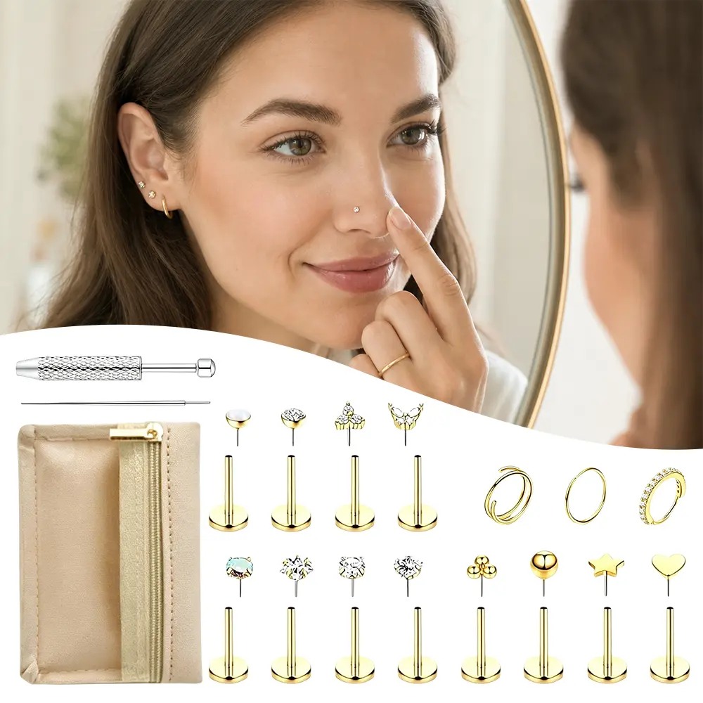 14K Gold Filled Nose Rings Stainless Threadless nose rings Push-in Flat Back Nose Rings Tragus Helix Piercing Jewelry for Nose, Tragus, Helix