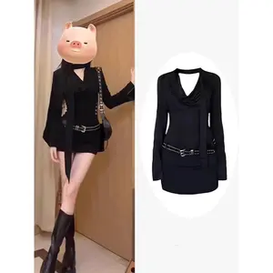 Women's black long-sleeve dress, new spring and autumn style, unique design, slimming and figure-flattering, tight-fitting mini dress. An outfit that can enhance your elegance, perfect for dates