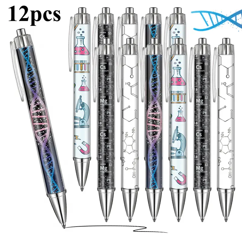 12pcs Science-Themed Ballpoint Pen Set - Special Ink Pens, Biology Chemistry Laboratory Design, Black Ink Smooth Writing for Students & Office Supplies, Durable Plastic, No Battery Needed, Perfect Christmas Gift, Science Gifts, Student Stationery
