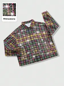Y2K Rhinestone Plaid Shirt Jacket, Sparkling Hip-Hop Outerwear, Nightclub & Party Essential, Multicolor Striped Street Fashion