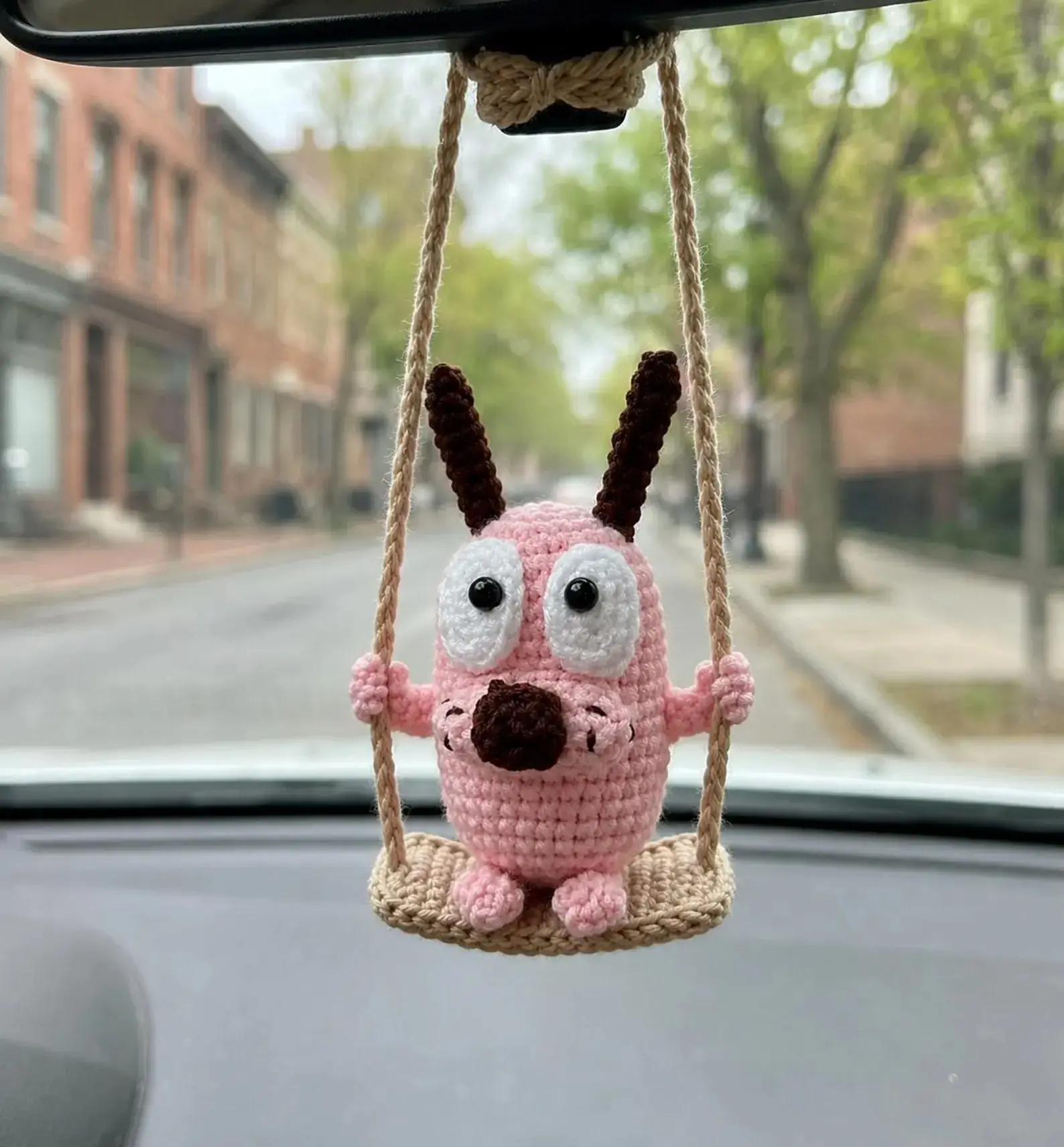 Crochet Scared Pink Dog Car Hanging - Cute Rearview Mirror Hanging, Handmade Amigurumi Dog, Funny Gift for Him Her, Car Accessories