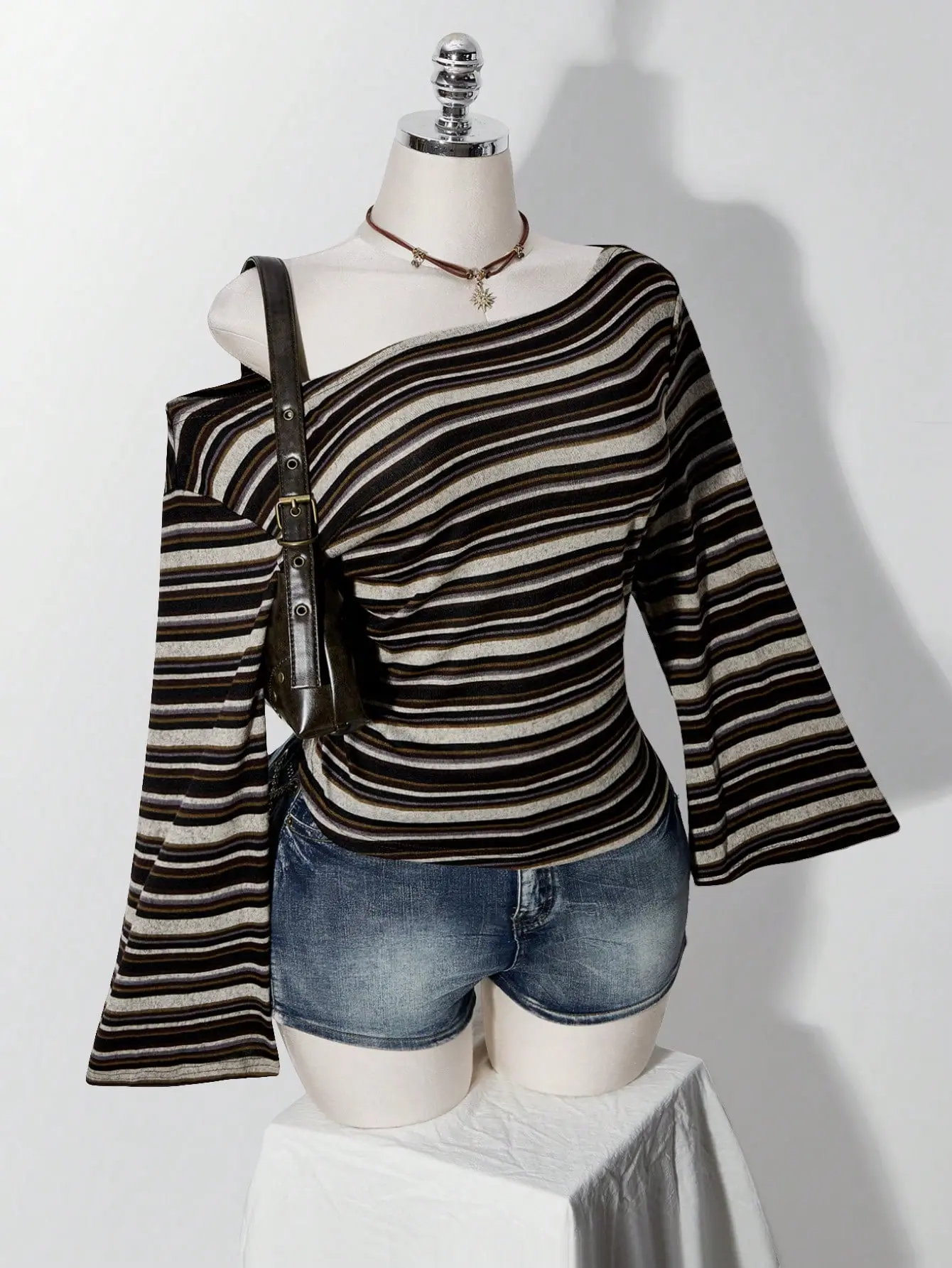 LALUZ Waist-Cinching Plus Size Knitted T-Shirt Asymmetrical Shoulder Y2K Vintage Long Sleeve Fall Top Trendy