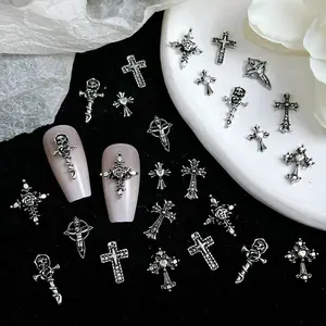 100PCS Punk Style Alloy Cross Nail Charms 3D Heavy Dark Gothic Cross Mixed Nail Art Decorations DIY Cool Nail Designs