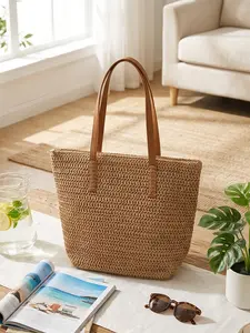 Women's Linen Tote Bag with Zipper, Woven Shoulder Bag, Leather Strap, Large Capacity Commuter Bag, Beach Vacation Sandbag