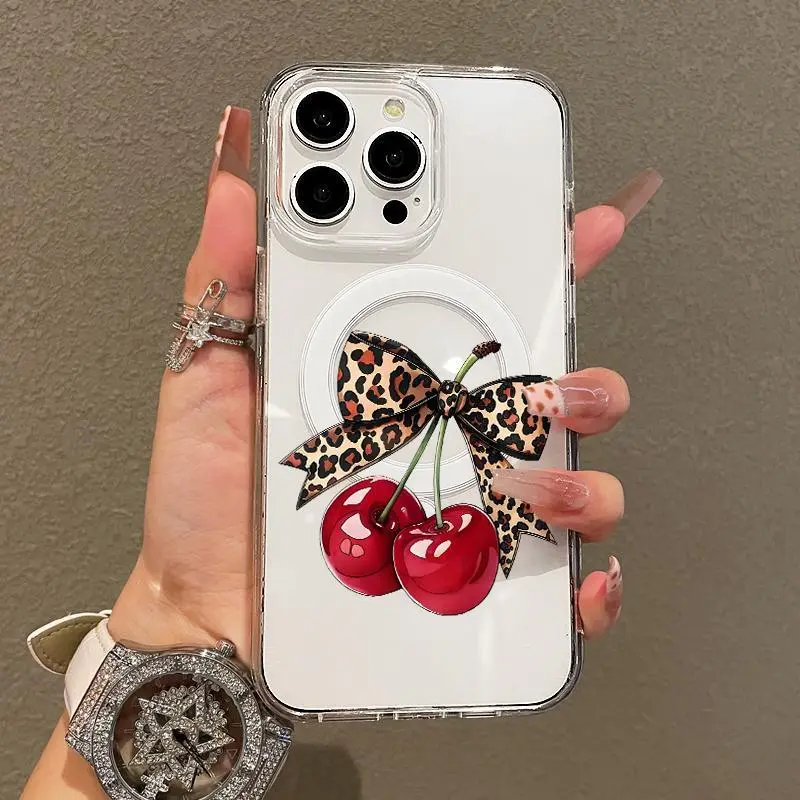 Transparent Protective Smartphone Case - Chic Magnetic Cover for iPhone 1-16, Pro, ProMax, Plus, with Unique Leopard, Bow, Cherry Patterns, Drop-Resistance, Handheld Devices Accessory
