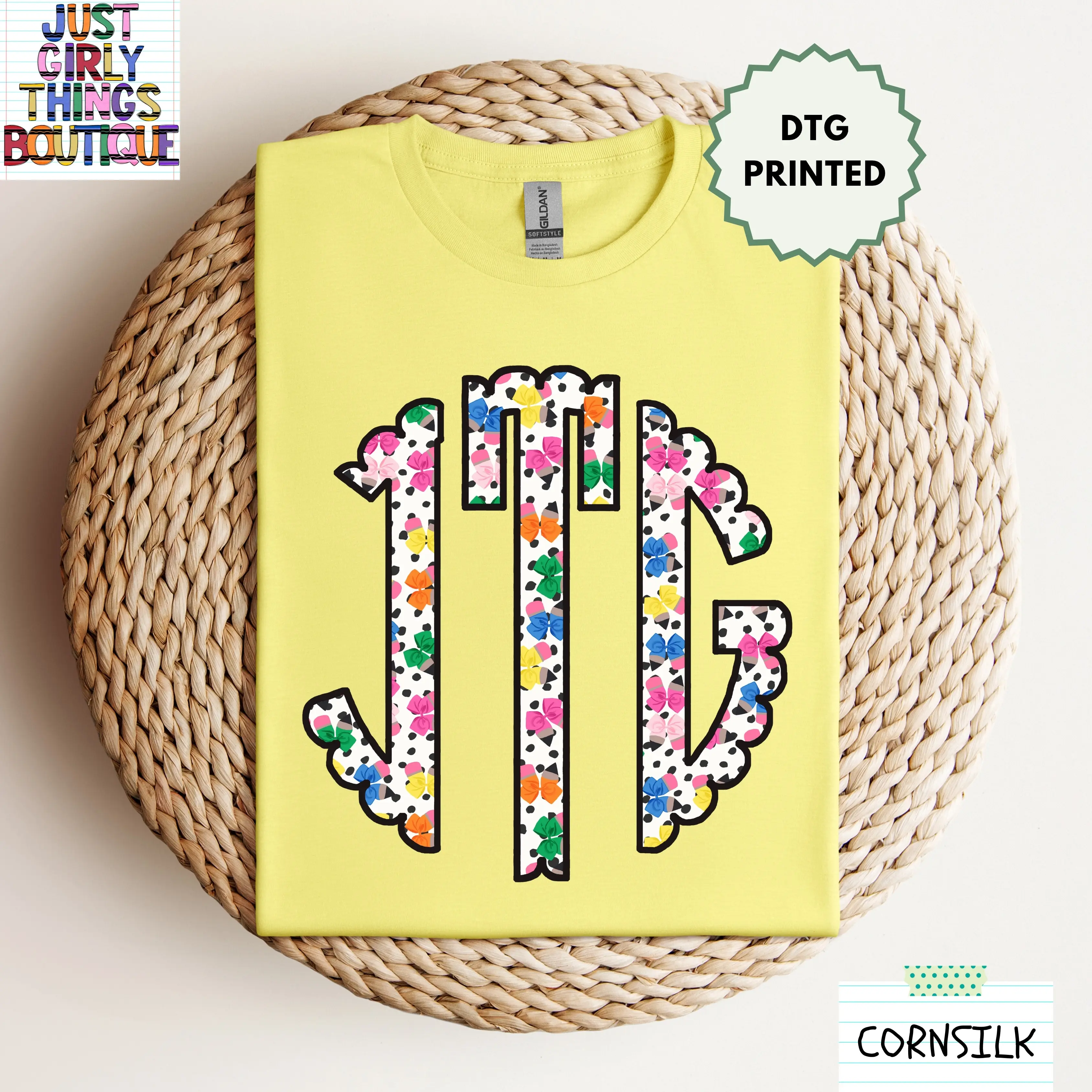 Custom Teacher Polka Dot Bow Monogram Shirt (Leave First Name Initial, Last Name Initial, Middle Name Initial in Notes at Checkout) - Gildan 64000 Softstyle/Gildan 5000 Heavy Cotton Tee -  Custom Teacher Monogrammed Shirt