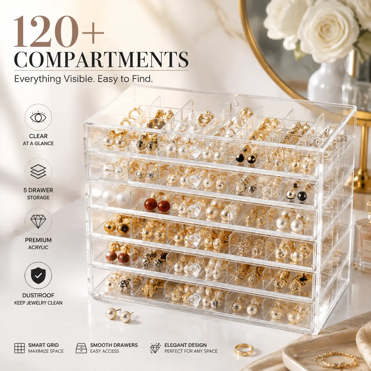 Acrylic Jewelry Organizer Box with 5 Drawers, 120-Grid Earring & Ring Storage Case, Clear Jewelry Display Organizer for Earrings, Rings, Necklaces & Accessories compartment