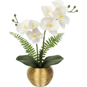 Orchids Artificial Flowers 13'' Fake Orchid Flowers Gold Ceramic Vase Silk Phalaenopsis White Orchid Flowers for Home Office Wedding Table Centerpiece Decor