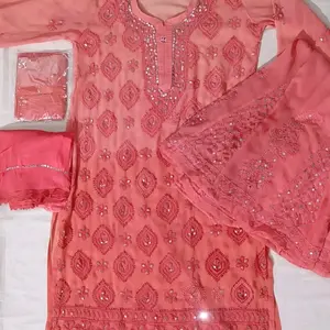 Bota Jaal Lukhnavi Chickenkari Handmade Soft Georgette Four Pieces Suits with Mirror Work Handmade Inner Included Length 46