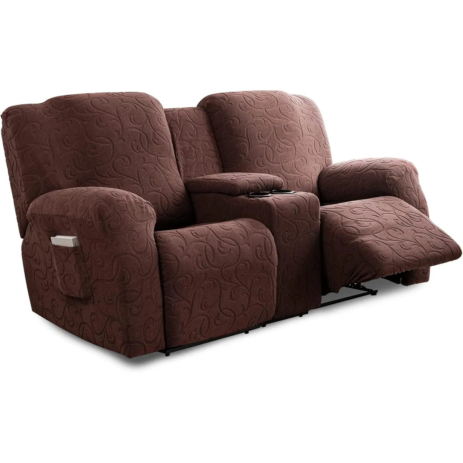 Recliner Loveseat Cover with Center Console, 2 Seater Jacquard Recliner, Washable Stretch Reclining Couch Cover, Elastic Straps