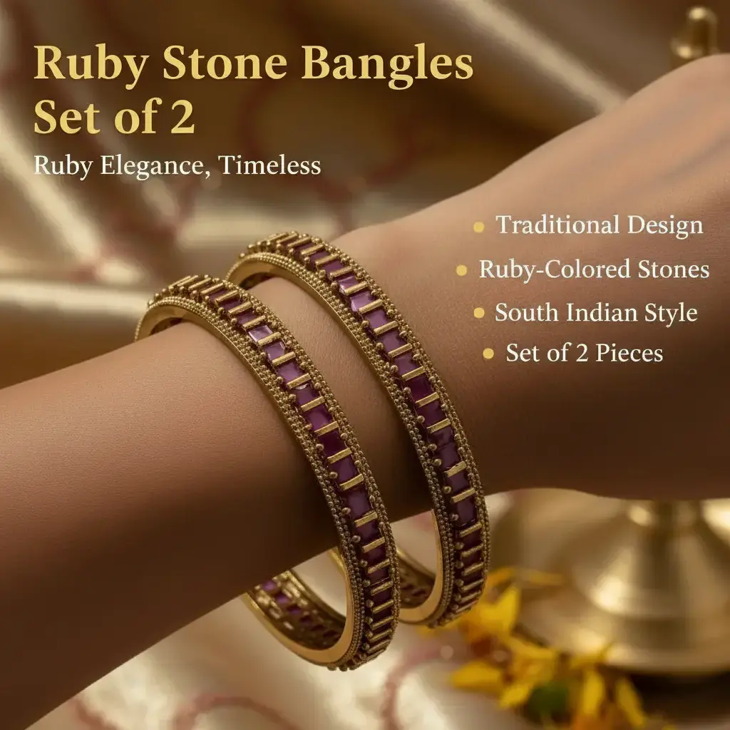 Women's South Indian Traditional Ruby-Colored Stone Bangles - 2-Piece Set, Ideal for Special Occasions, Great for Pairing