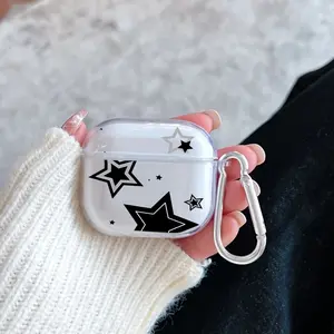 Black Star Pattern Protective Case for AirPods 4/3/2/1/Pro/Pro2 Soft TPU Earphone Cover, Transparent with Keychain
