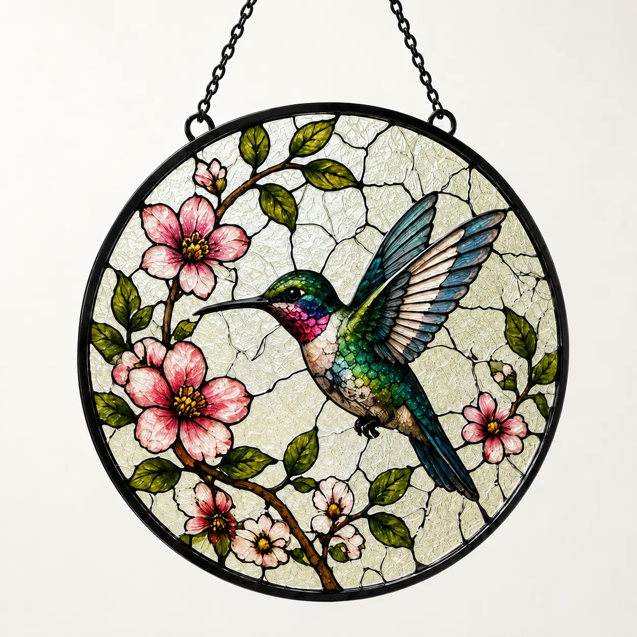 Hummingbird & Blossoms Stained Glass Style Suncatcher, Floral Window Hanging Decor, Colorful Bird Botanical Home Decoration