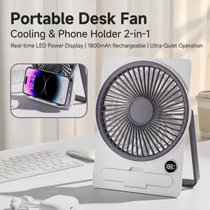 Portable Rechargeable Desk Fan with Phone Holder, 1800mAh Battery Operated Mini Fan, Foldable Tabletop & Wall Mount Cooling Fan with LED Power Display, for Home Office Travel Office Bedroom Dorm