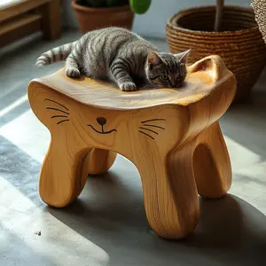 Dual-Purpose Cat Design Solid Wood Stool Sofa | Pet Bed & Kids Chair