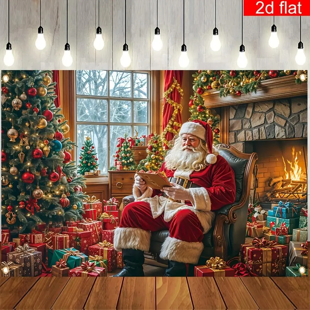 Polyester Christmas Party Tapestry Banner - Santa Claus & Fireplace Pattern Photo Backdrop, Winter Holiday Wall Decor for Living Room, New Year Photo Booth Prop Ornaments