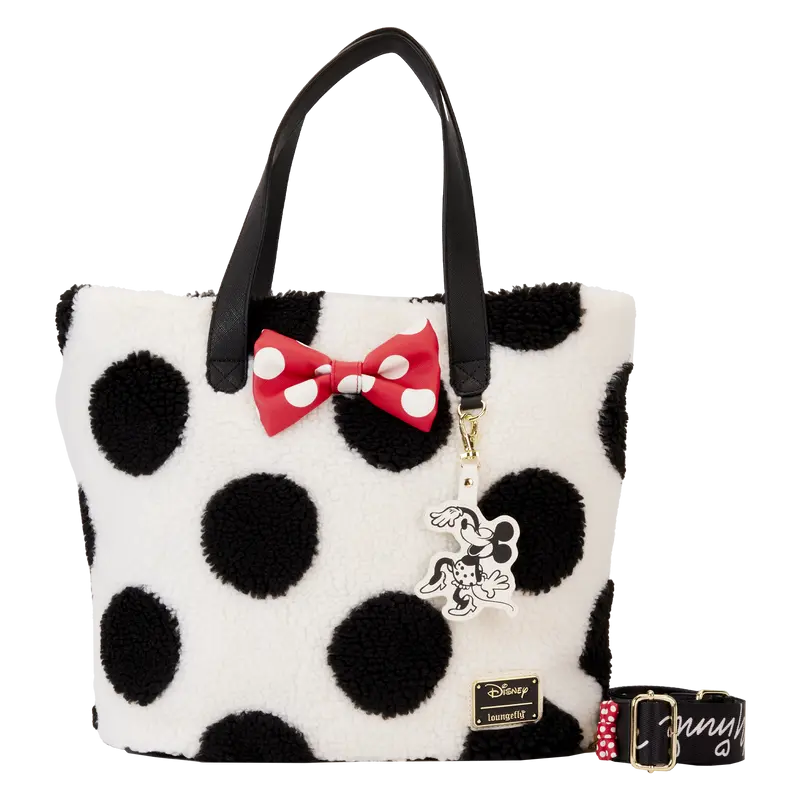 Loungefly Disney Minnie Mouse Rocks the Dots Polka Dot Sherpa Tote Bag with 3D Bow and Adjustable Shoulder Strap, Tote Purses