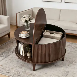 Round Storage Coffee Table with Sliding Doors, Two Tier Wooden Table for Living Room Bedroom Small Space