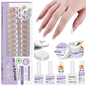SAVILAND Press-On Nails for Women: Soft Gel Long Square Nude Nail Kit with 16 Sizes, Long-Lasting Fake Nails with Solid Nail Glue, Remover, Bond Primer, Builder Gel & UV Lamp